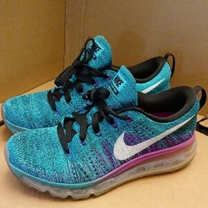 Nike Turquoise Green Flyknit Air Max Sneakers with Purple & Black Accents 6.5